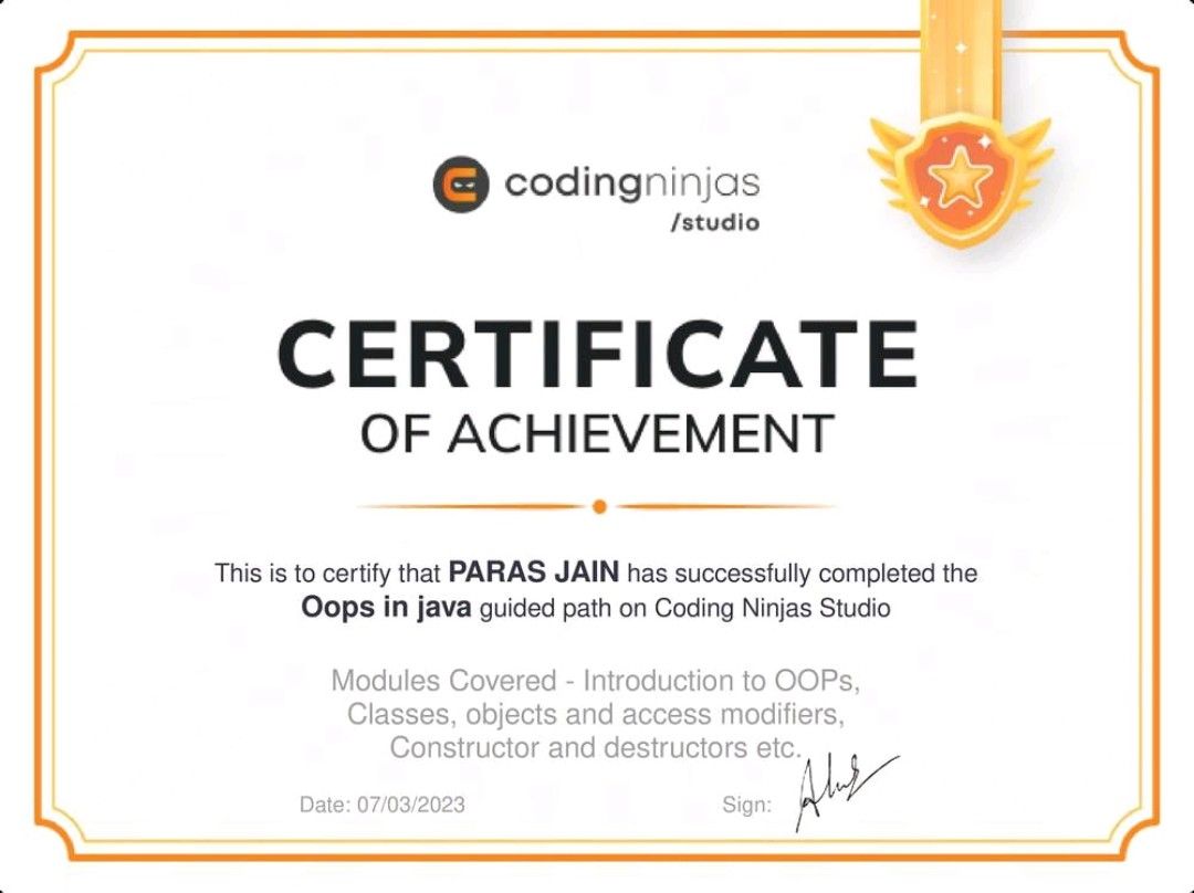 Oops in java Certificate